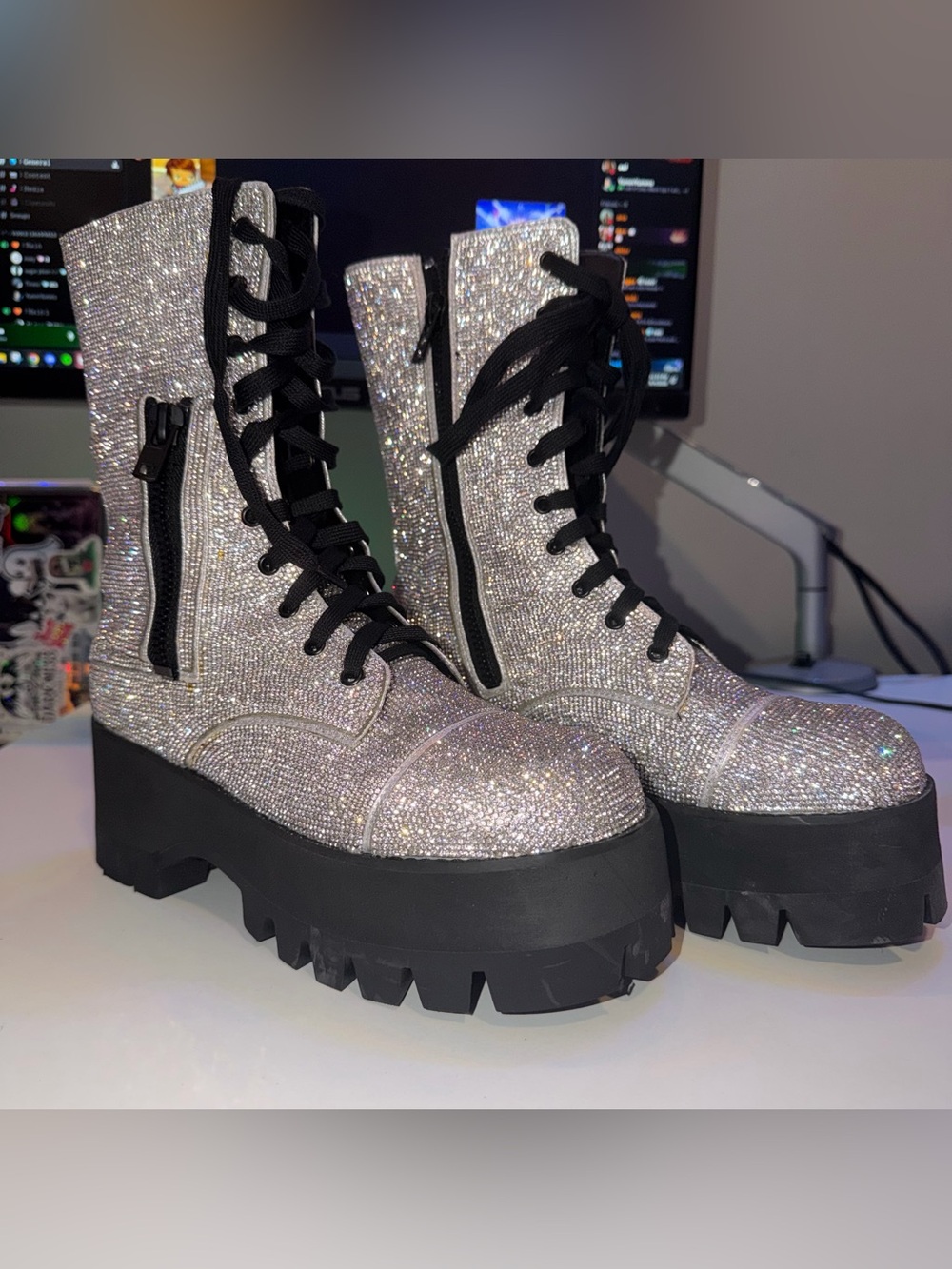 Glitter Platform Combat Boots - Silver
